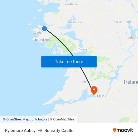 Kylemore Abbey to Bunratty Castle map