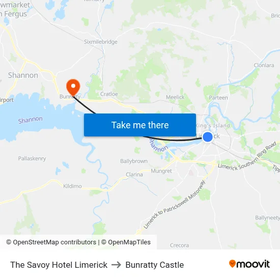 The Savoy Hotel Limerick to Bunratty Castle map