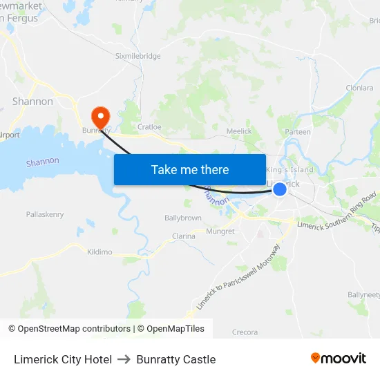 Limerick City Hotel to Bunratty Castle map
