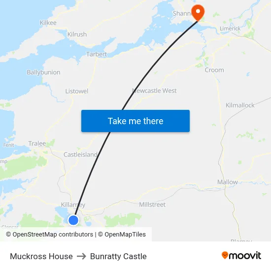 Muckross House to Bunratty Castle map