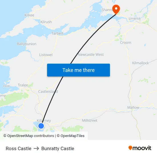 Ross Castle to Bunratty Castle map