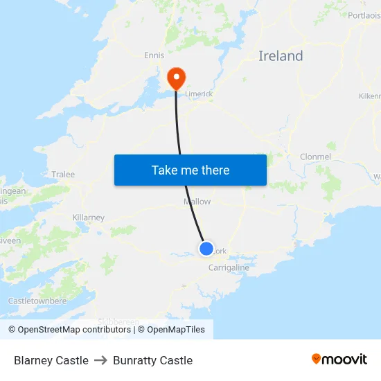 Blarney Castle to Bunratty Castle map