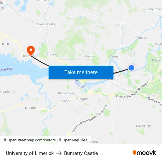 University of Limerick to Bunratty Castle map