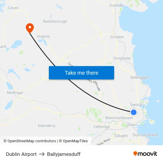 Dublin Airport to Ballyjamesduff map