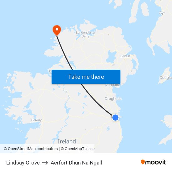 Lindsay Grove to Aerfort Dhún Na Ngall map