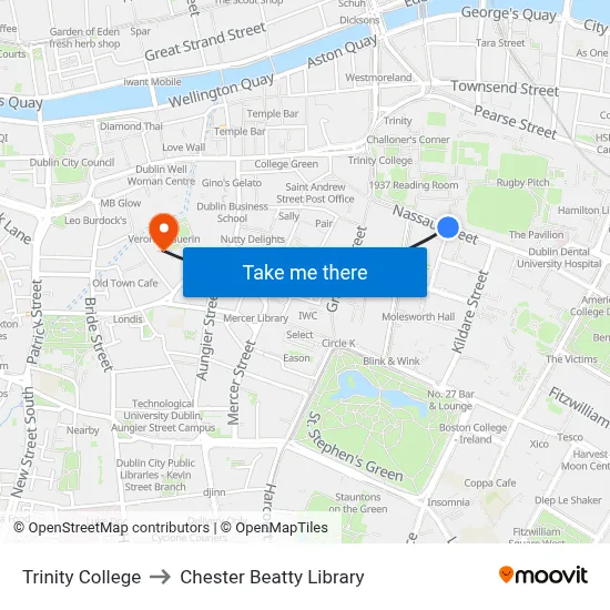 Trinity College to Chester Beatty Library map