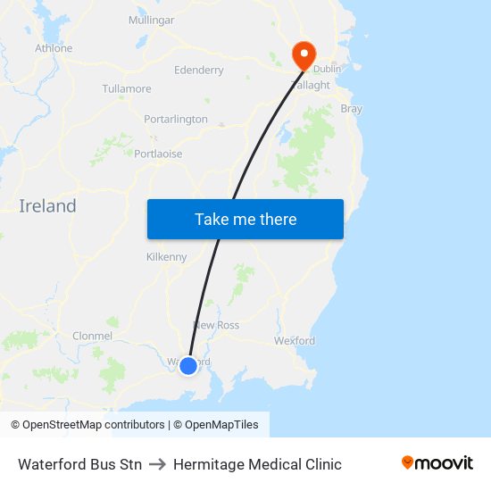 Waterford Bus Stn to Hermitage Medical Clinic map