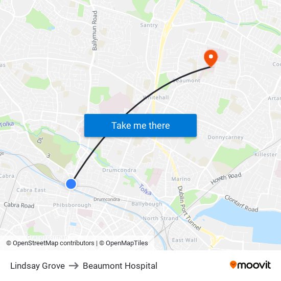 Lindsay Grove to Beaumont Hospital map
