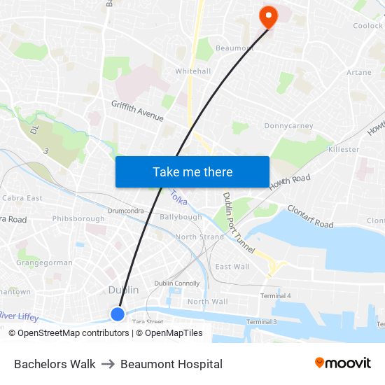 Bachelors Walk to Beaumont Hospital map