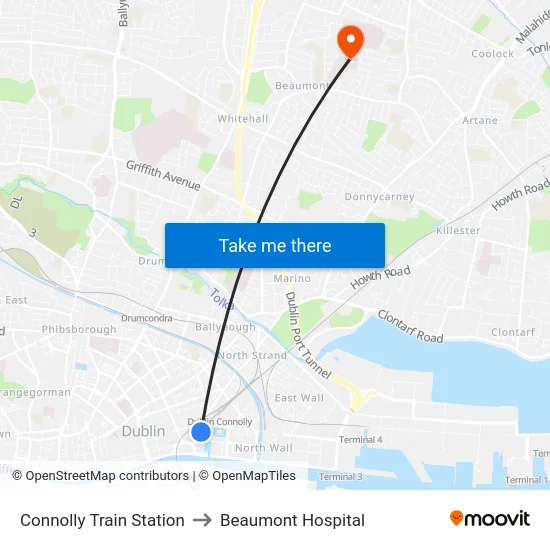 Connolly Train Station to Beaumont Hospital map
