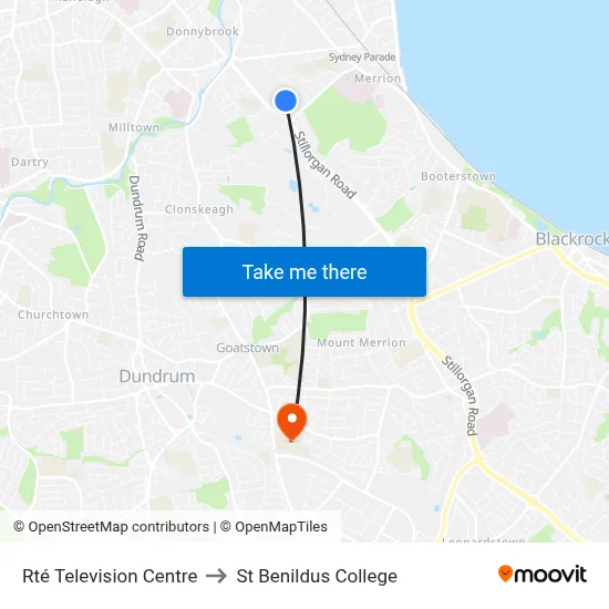 Rté Television Centre to St Benildus College map