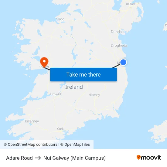 Adare Road to Nui Galway (Main Campus) map