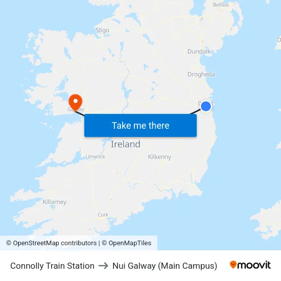 Connolly Train Station to Nui Galway (Main Campus) map
