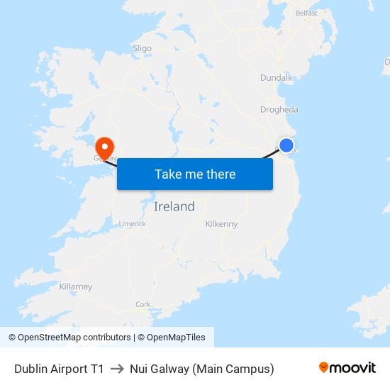 Dublin Airport T1 to Nui Galway (Main Campus) map