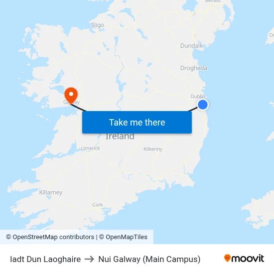 Iadt Dun Laoghaire to Nui Galway (Main Campus) map
