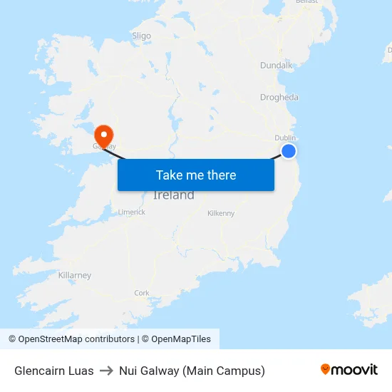 Glencairn Luas to Nui Galway (Main Campus) map