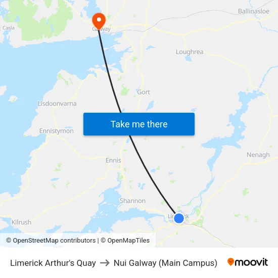 Limerick Arthur's Quay to Nui Galway (Main Campus) map