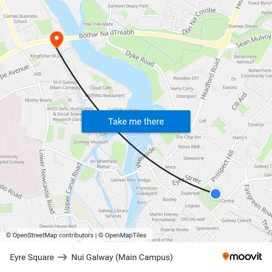 Eyre Square to Nui Galway (Main Campus) map