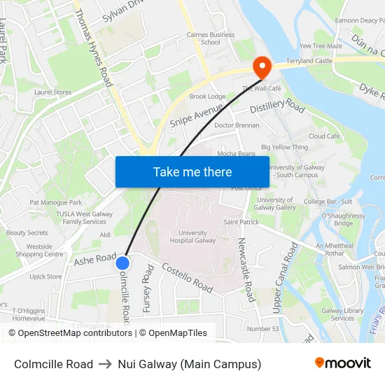 Colmcille Road to Nui Galway (Main Campus) map