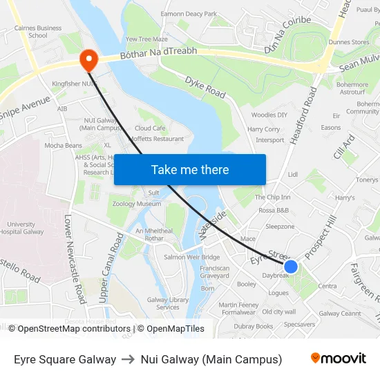 Eyre Square Galway to Nui Galway (Main Campus) map