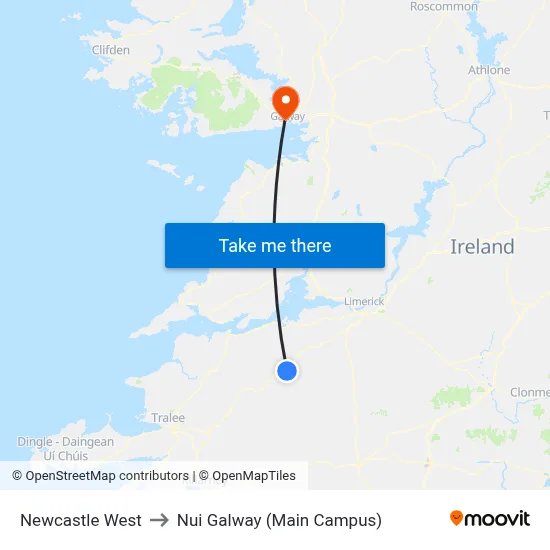 Newcastle West to Nui Galway (Main Campus) map