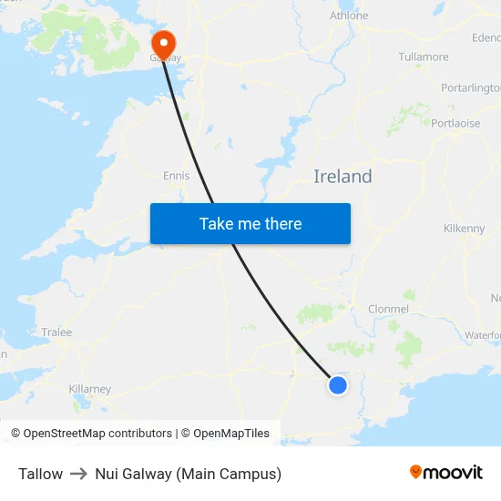 Tallow to Nui Galway (Main Campus) map
