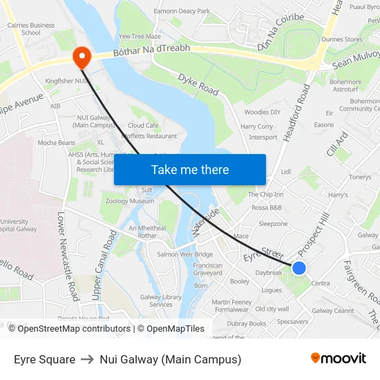 Eyre Square to Nui Galway (Main Campus) map