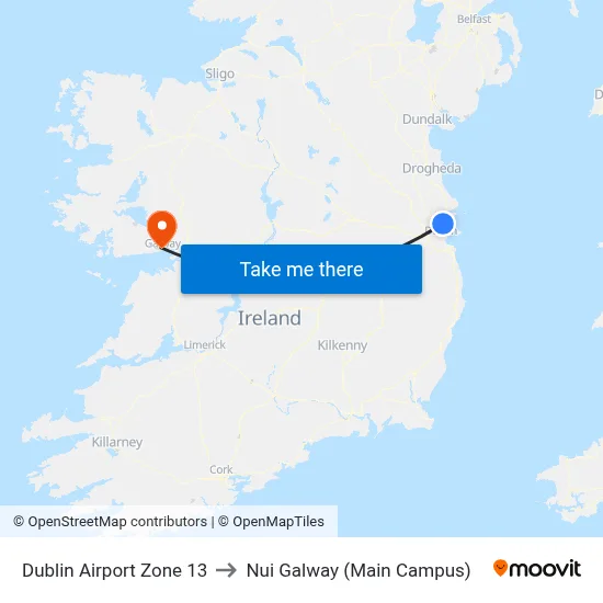 Dublin Airport Zone 13 to Nui Galway (Main Campus) map
