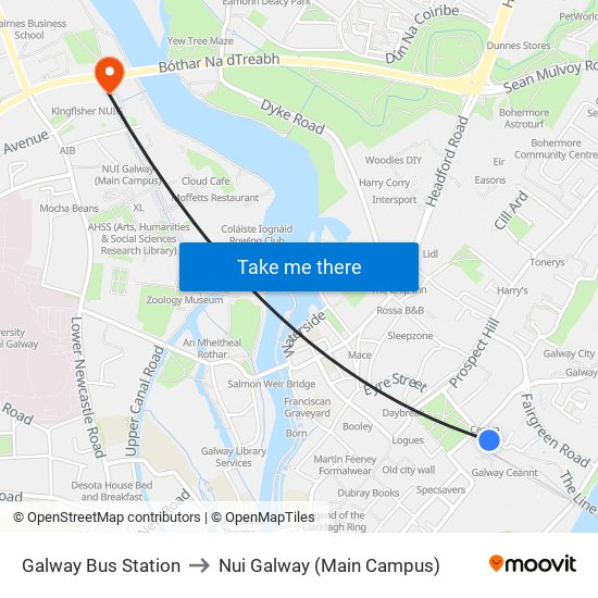 Galway Bus Station to Nui Galway (Main Campus) map