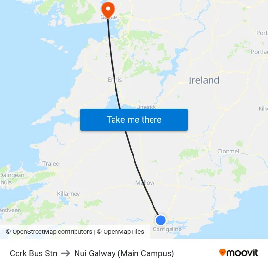 Cork Bus Stn to Nui Galway (Main Campus) map