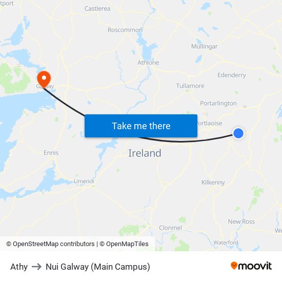 Athy to Nui Galway (Main Campus) map