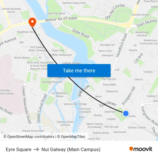 Eyre Square to Nui Galway (Main Campus) map