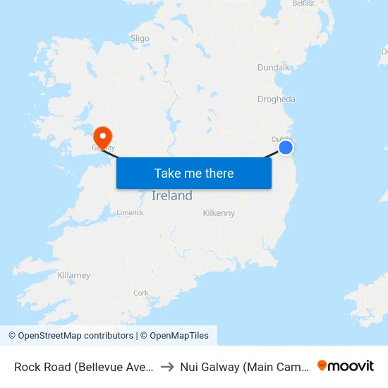 Rock Road (Bellevue Avenue) to Nui Galway (Main Campus) map