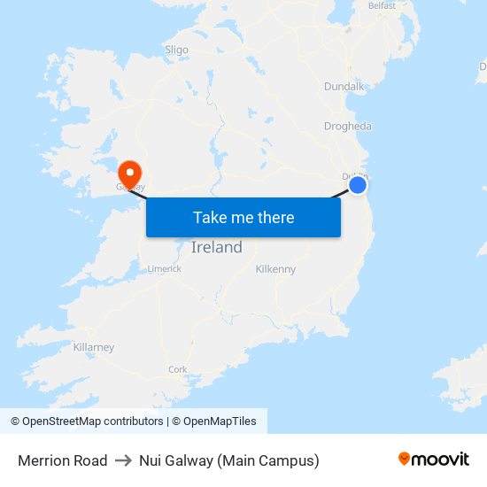 Merrion Road to Nui Galway (Main Campus) map