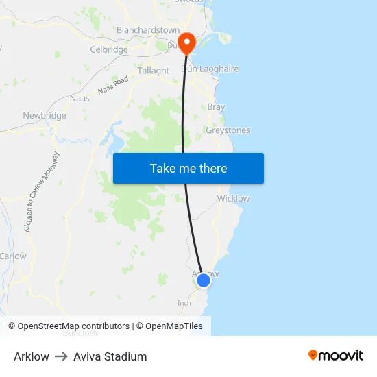Arklow to Aviva Stadium map