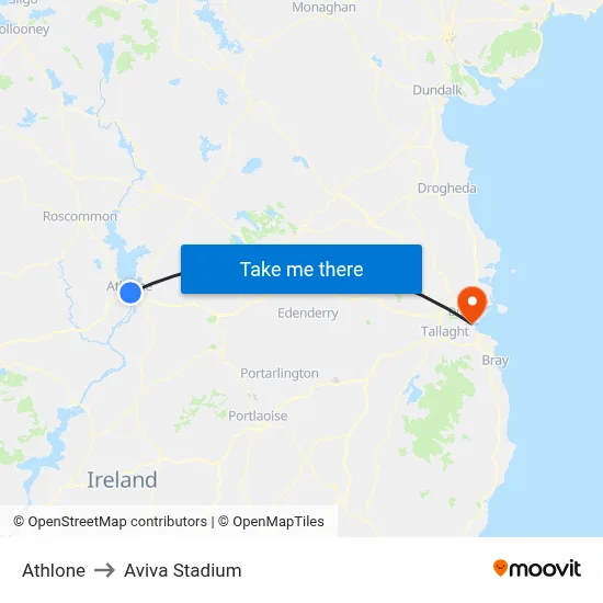 Athlone to Aviva Stadium map