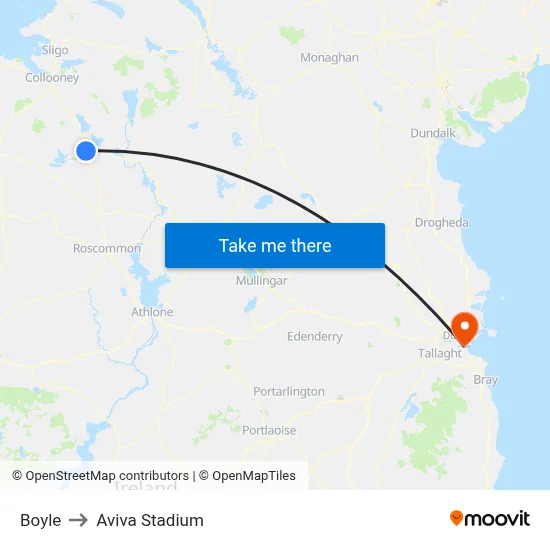 Boyle to Aviva Stadium map