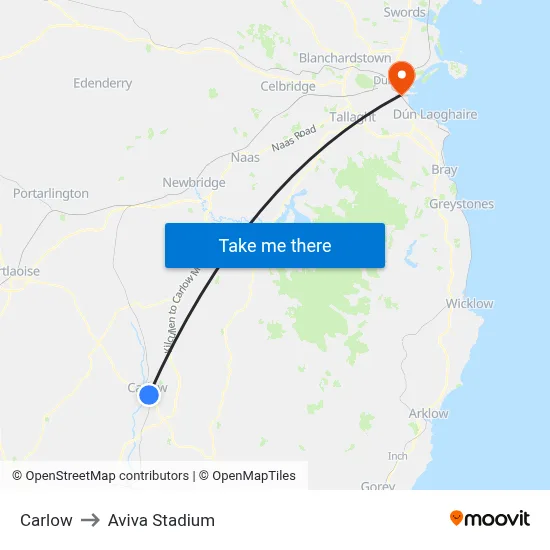 Carlow to Aviva Stadium map