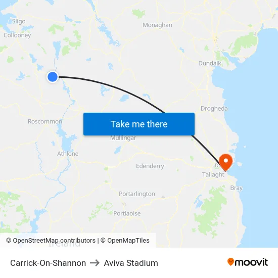 Carrick-On-Shannon to Aviva Stadium map