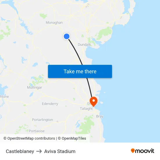 Castleblaney to Aviva Stadium map