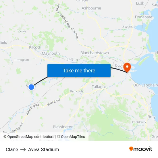 Clane to Aviva Stadium map