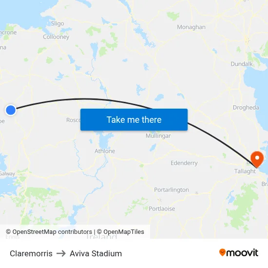 Claremorris to Aviva Stadium map