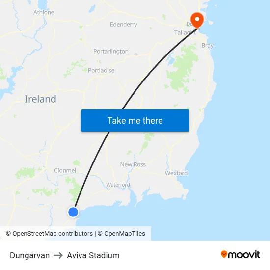 Dungarvan to Aviva Stadium map