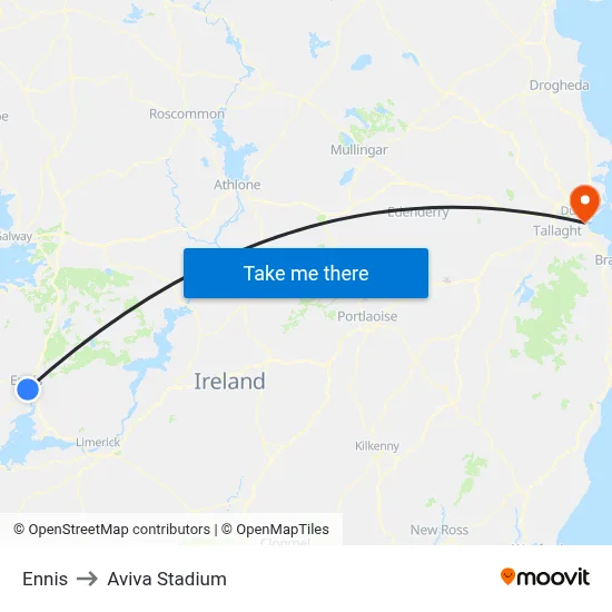 Ennis to Aviva Stadium map