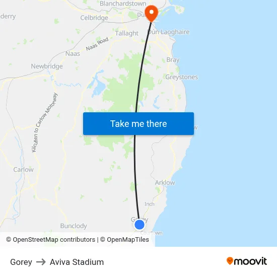 Gorey to Aviva Stadium map