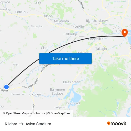 Kildare to Aviva Stadium map