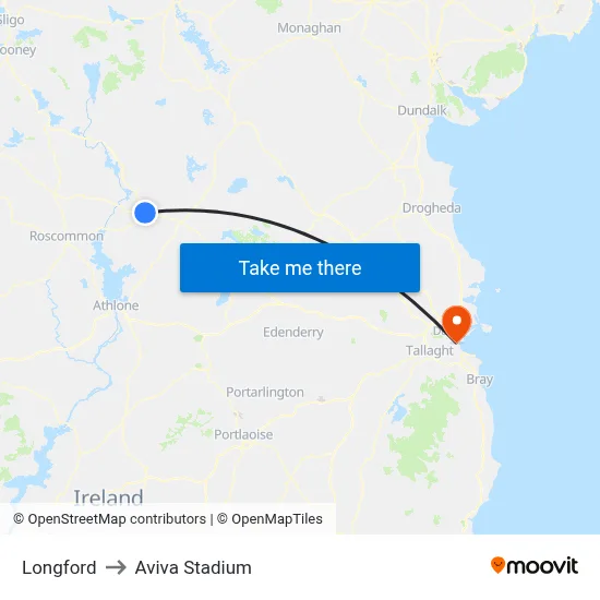 Longford to Aviva Stadium map