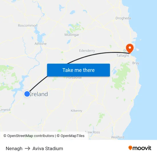 Nenagh to Aviva Stadium map