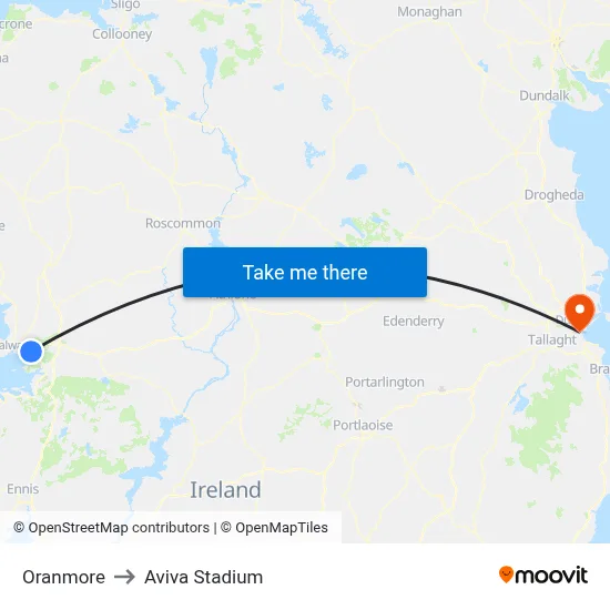 Oranmore to Aviva Stadium map