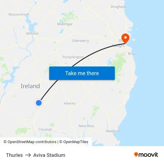 Thurles to Aviva Stadium map